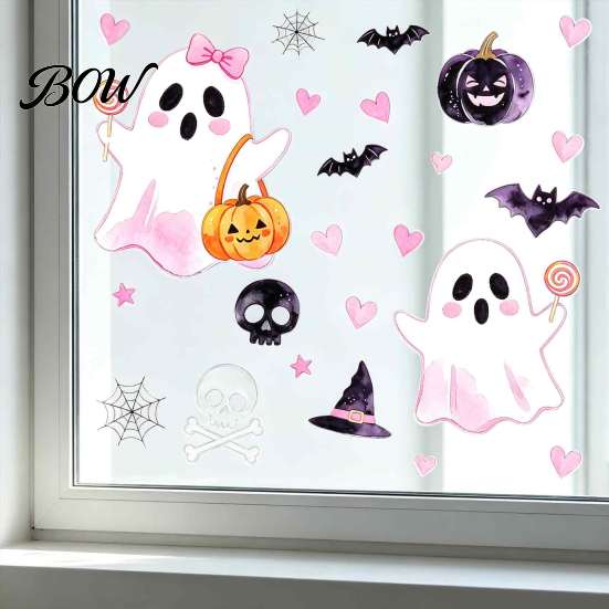PVC Window Film 2 Sheets Halloween Cartoon Ghost Cling, Spooky Decorative Cling Glass Sticker, Waterproof Static Decal for Holiday Party Clings