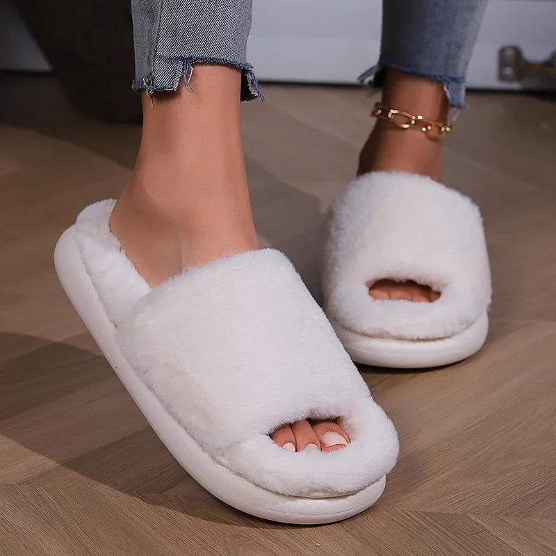 Fashion Faux Fur Keep Warm Slippers Women Winter Open Toe Thick Bottom Plush Slippers Woman Comfort Soft Non-Slip House Cotton Shoes