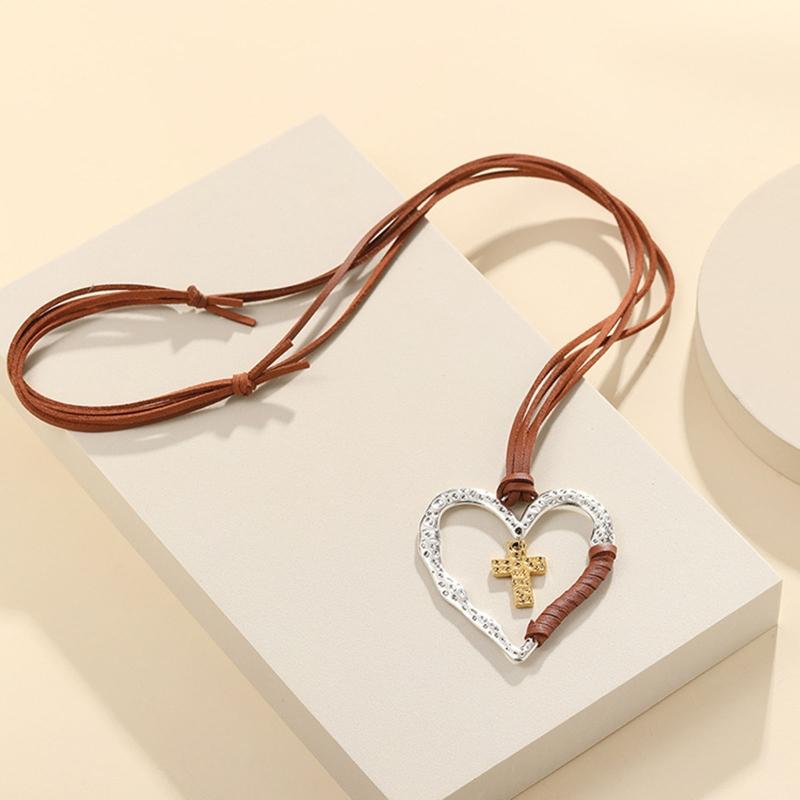 Crucifix Charm Pendant Necklace Heart Love Crucifix Chain Jewellery Filigree Design Leather Chain Jewelry Vintage Chok