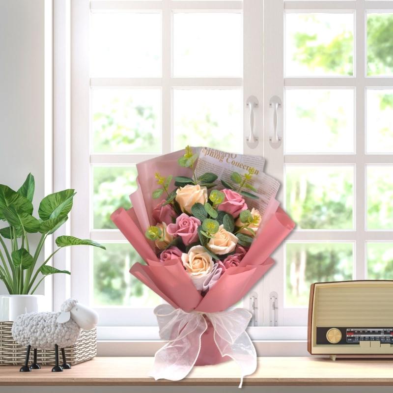 Artificial Flower Bouquets with Ribbon Soap Flower Petals Bouquets Gift for Valentines Mother Day Thanskgiving Christmas