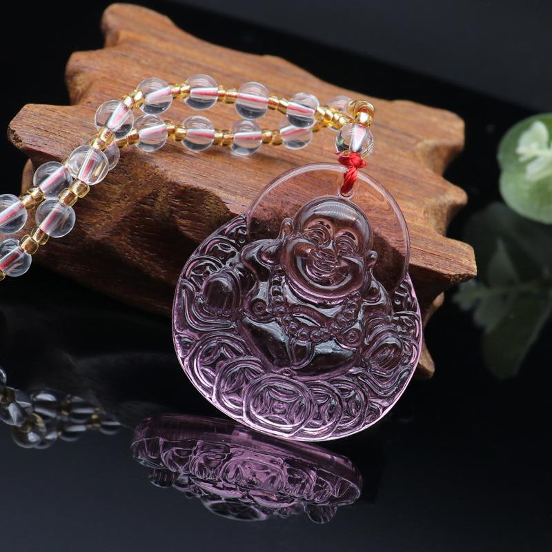 Chinese Style Pink Imitation Crystal Guanyin Buddha Necklace Versatile Sweater Chain Fashion Jewelry Mother'S Day Gift