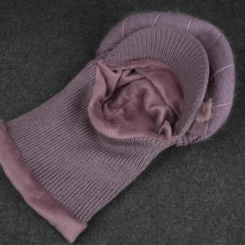 Women'S Rabbit Fur Winter Hat Scarf Combo Windproof Ear Protection For Mothers Thickened Knitted Beanie For Outdoor Riding Gift