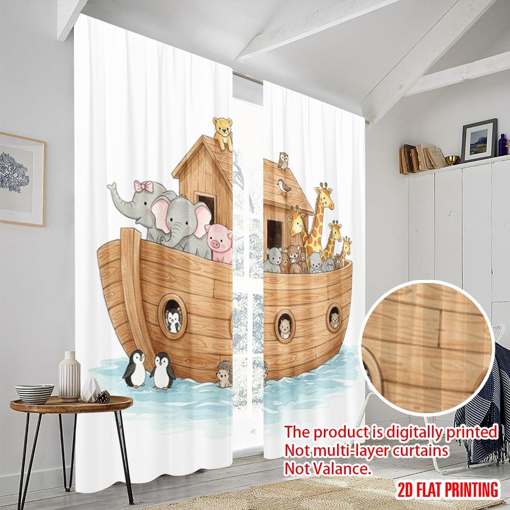 2pcs 2D flat printing Scene Curtain Noah's Ark Animals Polyester Without Electricity Birthday Party Perfect for Yard & Garden No