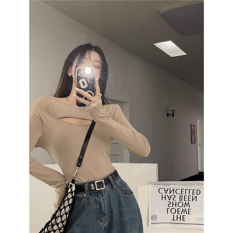 Hollow Long-sleeved T-shirt Women's New Autumn Spice Girls Sexy Slim Design Feeling Base Shirt Student Top