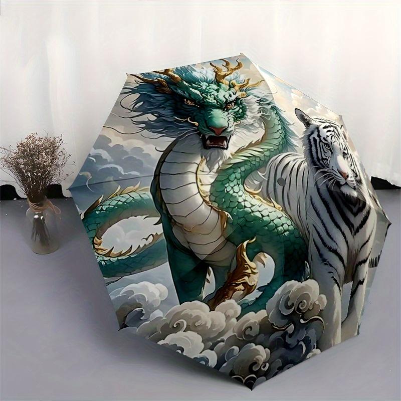 1pc Turquoise Dragon and Snow Tipped Tiger Soaring Through Clouds Automatic Opening and Closing Umbrella - Suitable for Various Occasions, Portab
