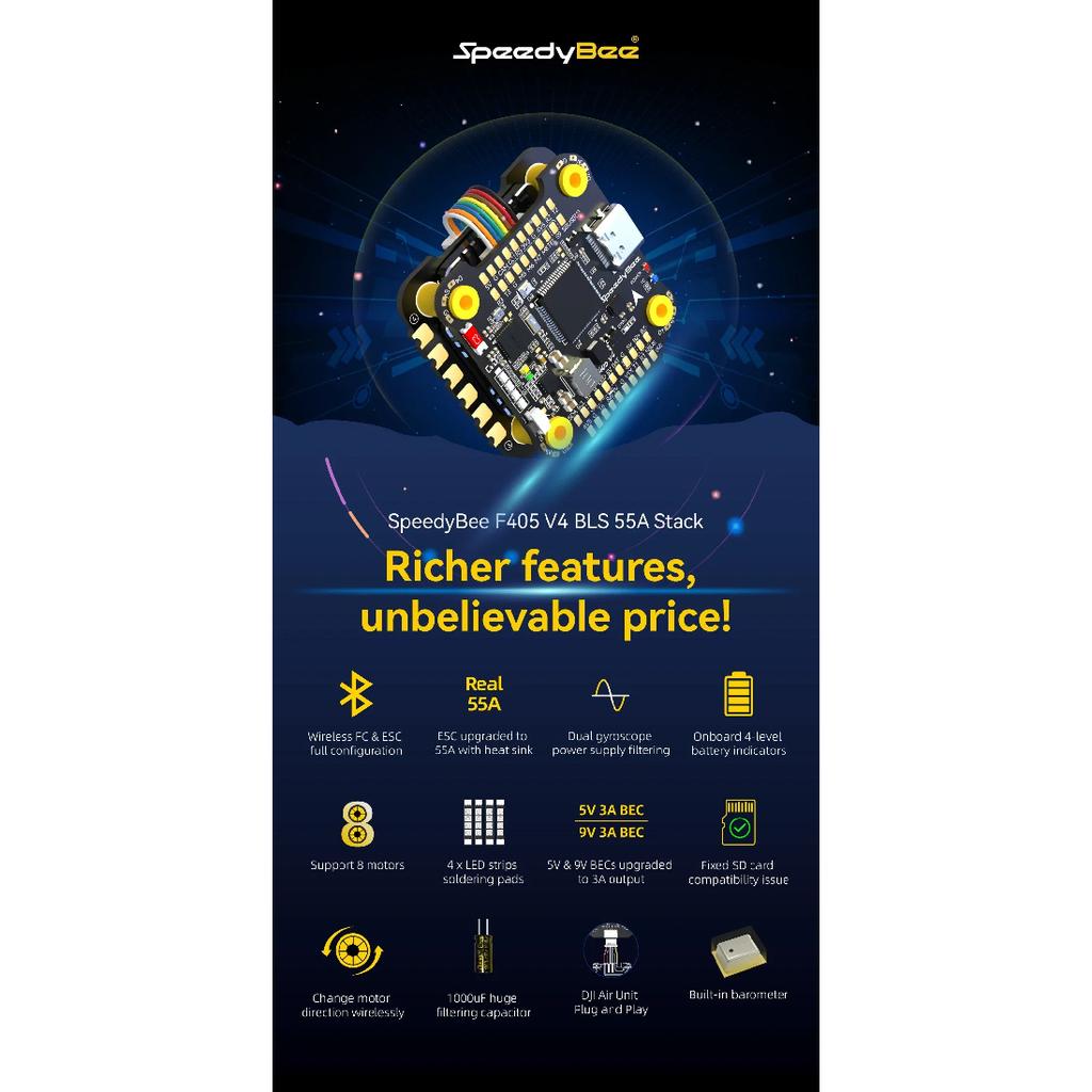 For Speedybee F405 V4 Stack BLS 55A 4-in-1 ESC&FC RC iNAV Betaflight Configure Bluetooth 3-6S FPV 5-8 inch frame Drone parts