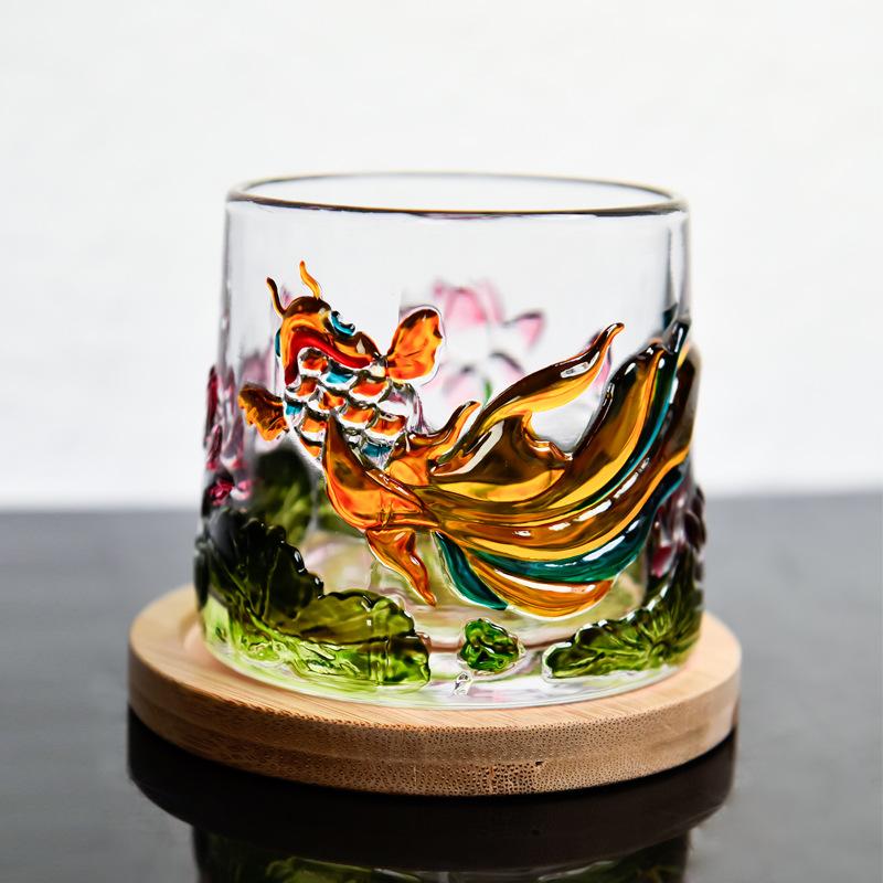 Chinese Style Painted Rotating Glass Cup with Base Whiskey Glass Creative Koi Lotus Design