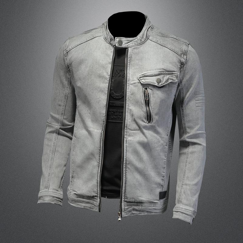 High Quality Elastic Zipper Denim Jacket for Men, Washed and Fried Sand Gray Slim Fitting Fashion Jacket for Men