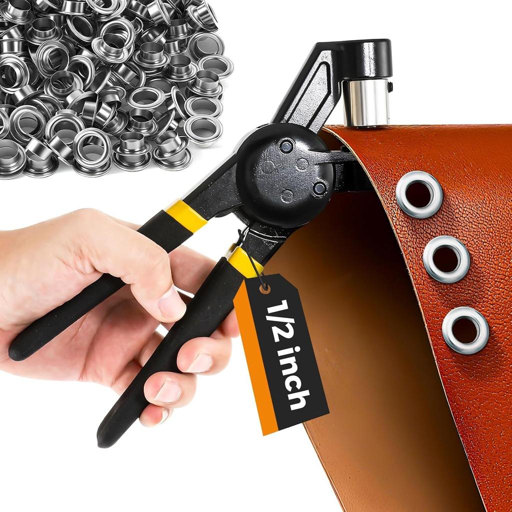 Grommet Tool Kit 8mm 10mm 12mm Hand Press Multi-Size Eyelet Pliers Kit with 900 Grommet Supplies & Hollow Hole Punch Tool Handheld Eyelet Setter