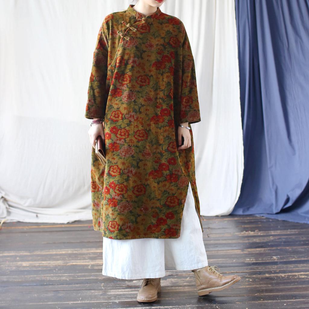 Johnature Women Vintage Dresses Stand Print Floral Long Sleeve Spring Chinese Style A-Line Dress