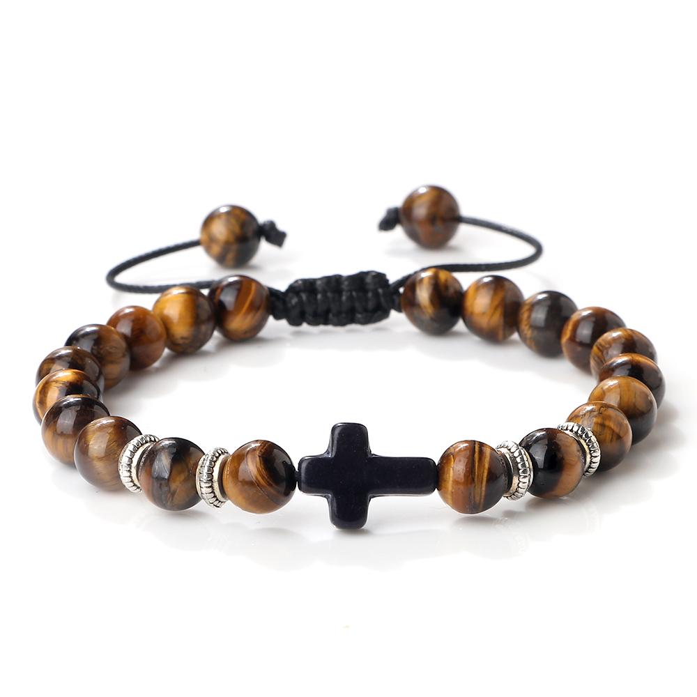 Men Women Braided Bracelet 8MM Natural Stone Christian Bless Jesus Cross Hematite Bead Bracelets Bangles Prayer Handmade Jewelry