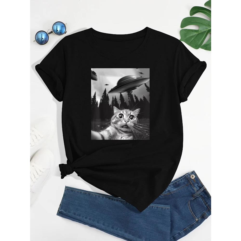 

Футболка с забавным принтом «Кошка и НЛО» для подарков на каждый день, футболка с круглым вырезом и коротким рукавом, повседневные топы на каждый день, женская одежда XXXXXL чёрный