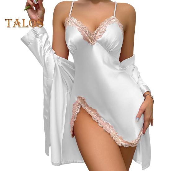 

Женские сексуальные атласные шелковистые пижамные комплекты, кружевная ночная рубашка с халатом, мини-ночная рубашка, костюм из 2 предметов, сорочка, одежда для сна XL белый