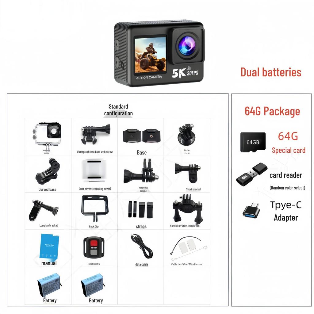 5K HD Sports Camera with Image Stabilization, Dual Color Screen & WiFi Remote for Outdoor Cycling