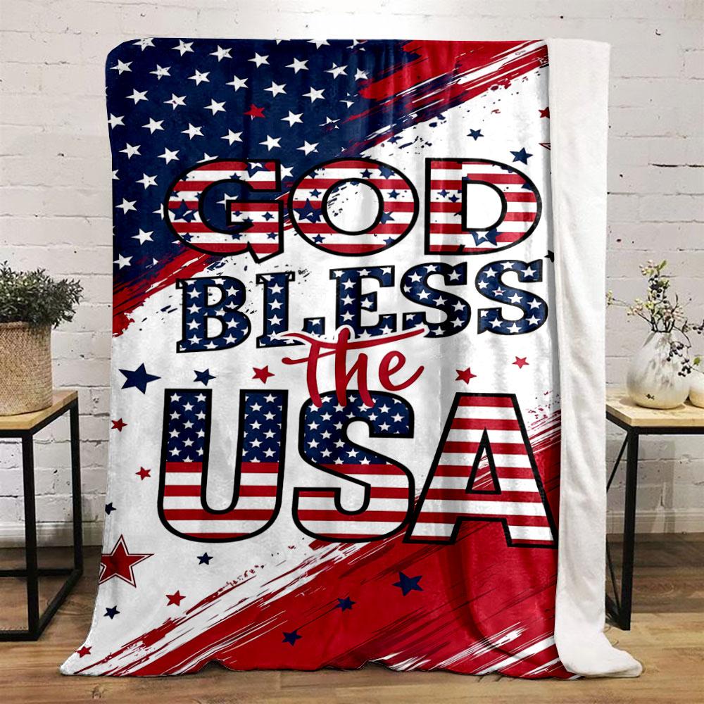 Patriotic design featuring stars, stripes, and "God Bless the USA" text. for all seasons blanket lunch break throw gift