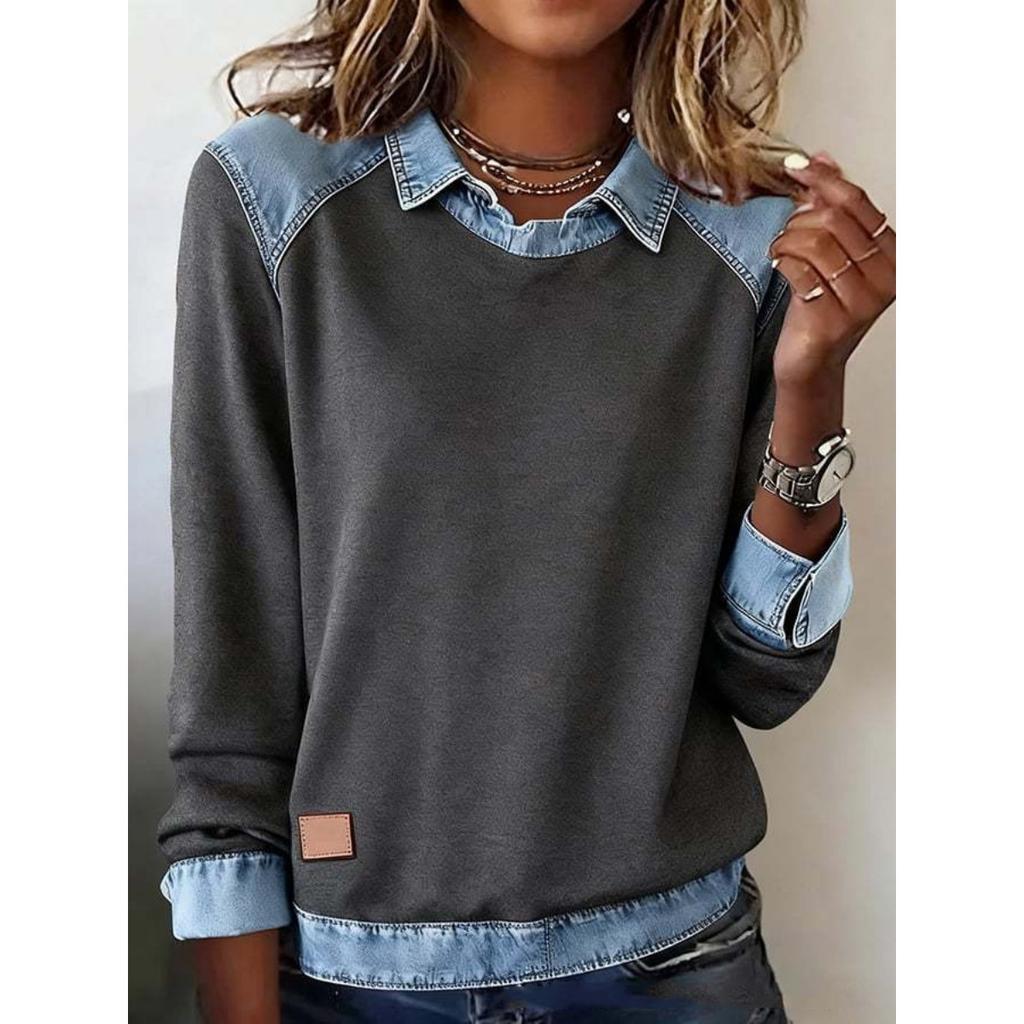 European American Women's Denim Collar Long Sleeve Pullover Spliced Knit Top, Fashion Casual Knitwear for Women
