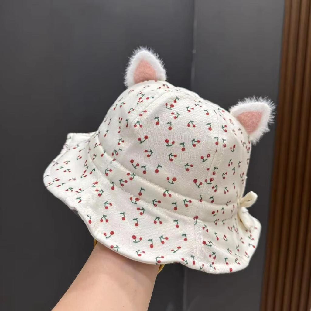 Niedlicher Blumenpunkt Schleifendruck Baby Bucket Hat mit Ohren Sommer Baumwolle Kleinkind Mädchen Fischerhut Outdoor Säugling Sonnenschutz Kappen