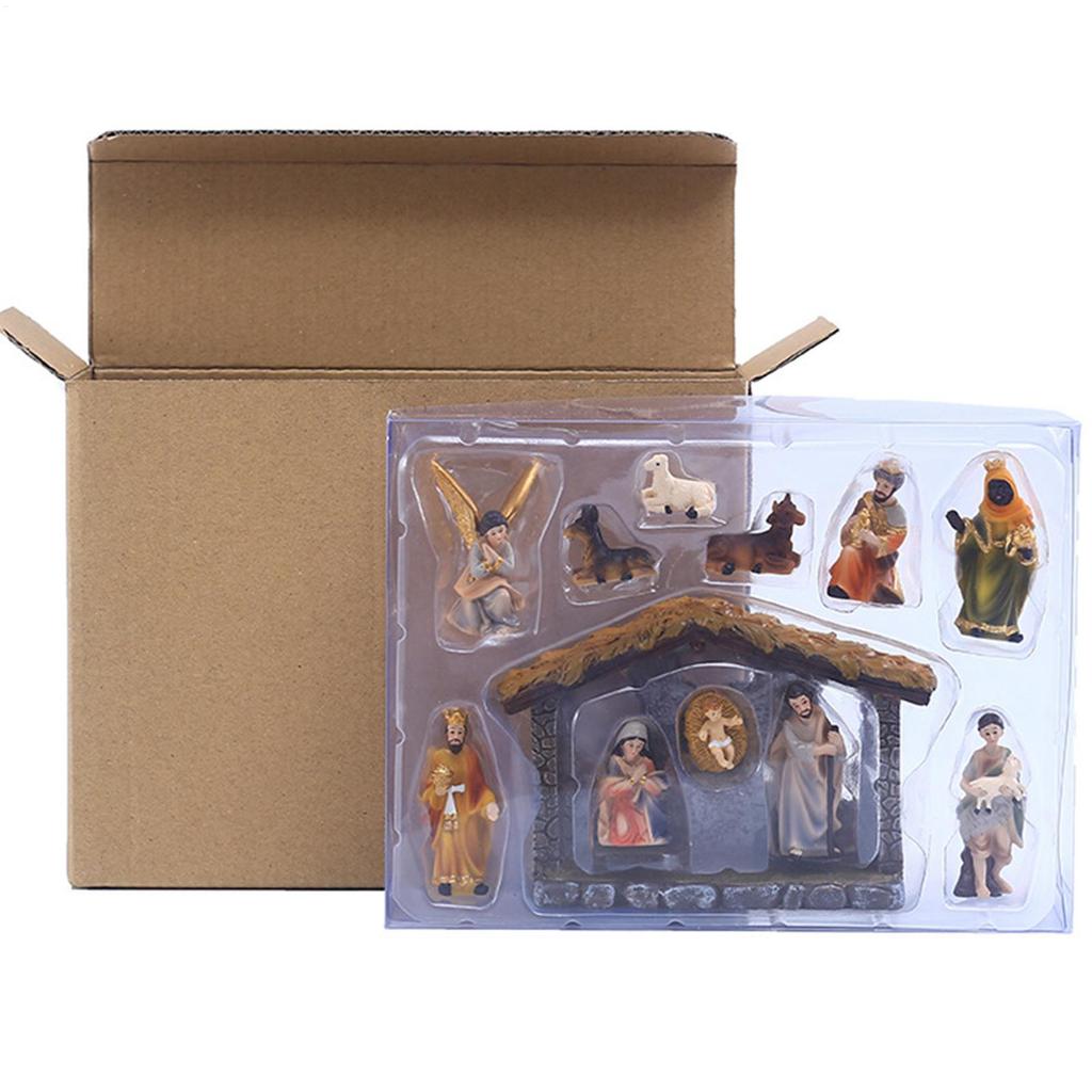 1 Set Christmas Nativity Figurines with Light Religious Resin Nativity Scene Manger Figurine Tabletop Sculpture Ornament