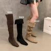 Inner Heightening Square Head Suede Thin Long Knight Boots Women's Shoes 2025 Autumn and Winter Small Man Over the Knee Pile Long Boots