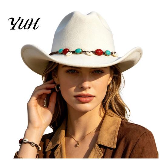 Vintage Style Headwear Wool Felt Fedora, Unisex Western Cowboy Hat, Retro Wide Brim Hat Cowgirl Jazz for Women Men Autumn Winter Travel Accessories