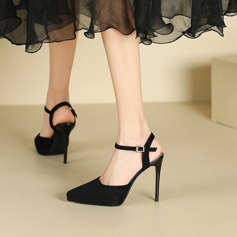 8-1 pointed thin heel black high heels women's summer new bag head hollow waterproof table high heel single shoes