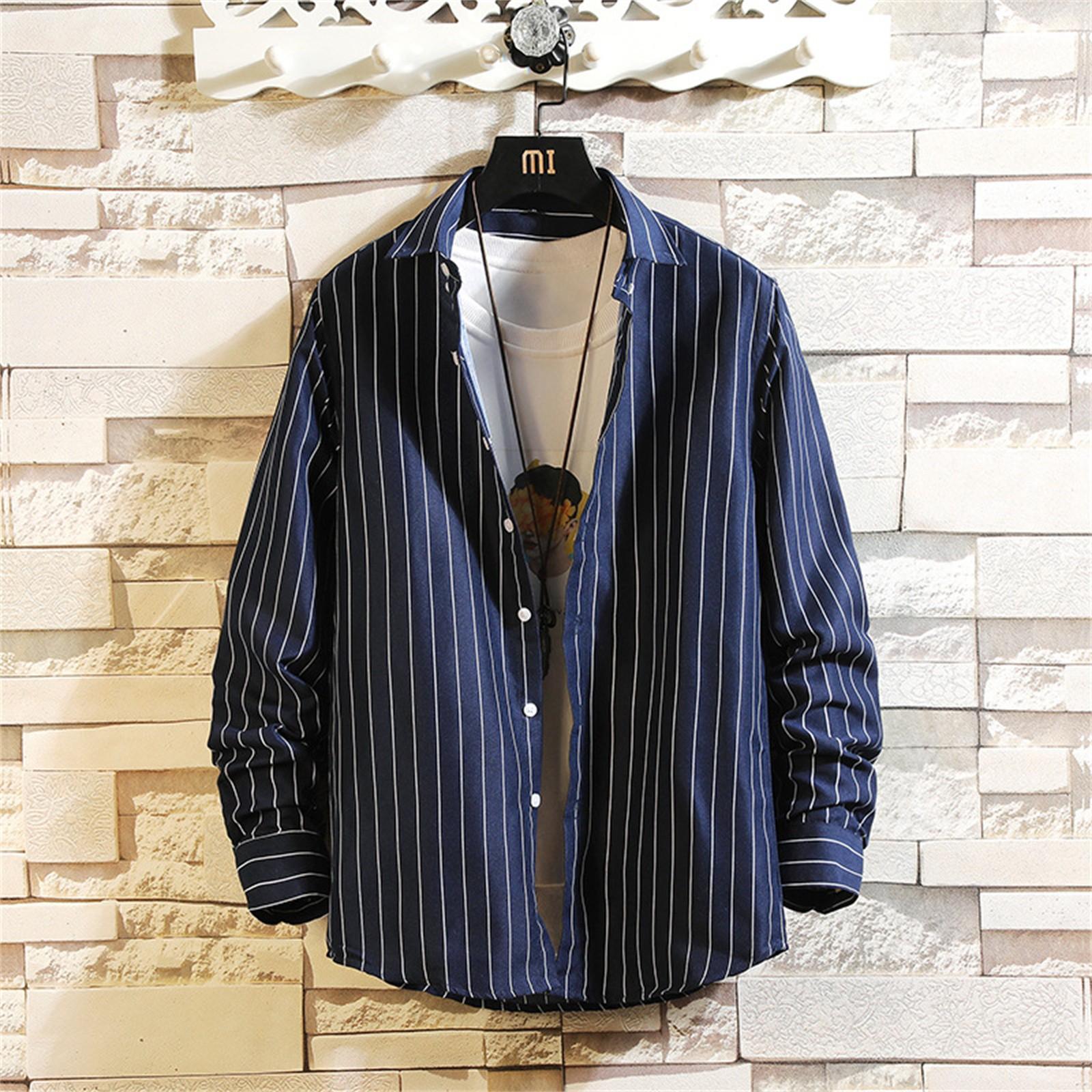 

Повседневная полосатая рубашка, мужская модная рубашка с длинным рукавом, мужская рубашка больших размеров в Корейском стиле XXL тёмно-синий