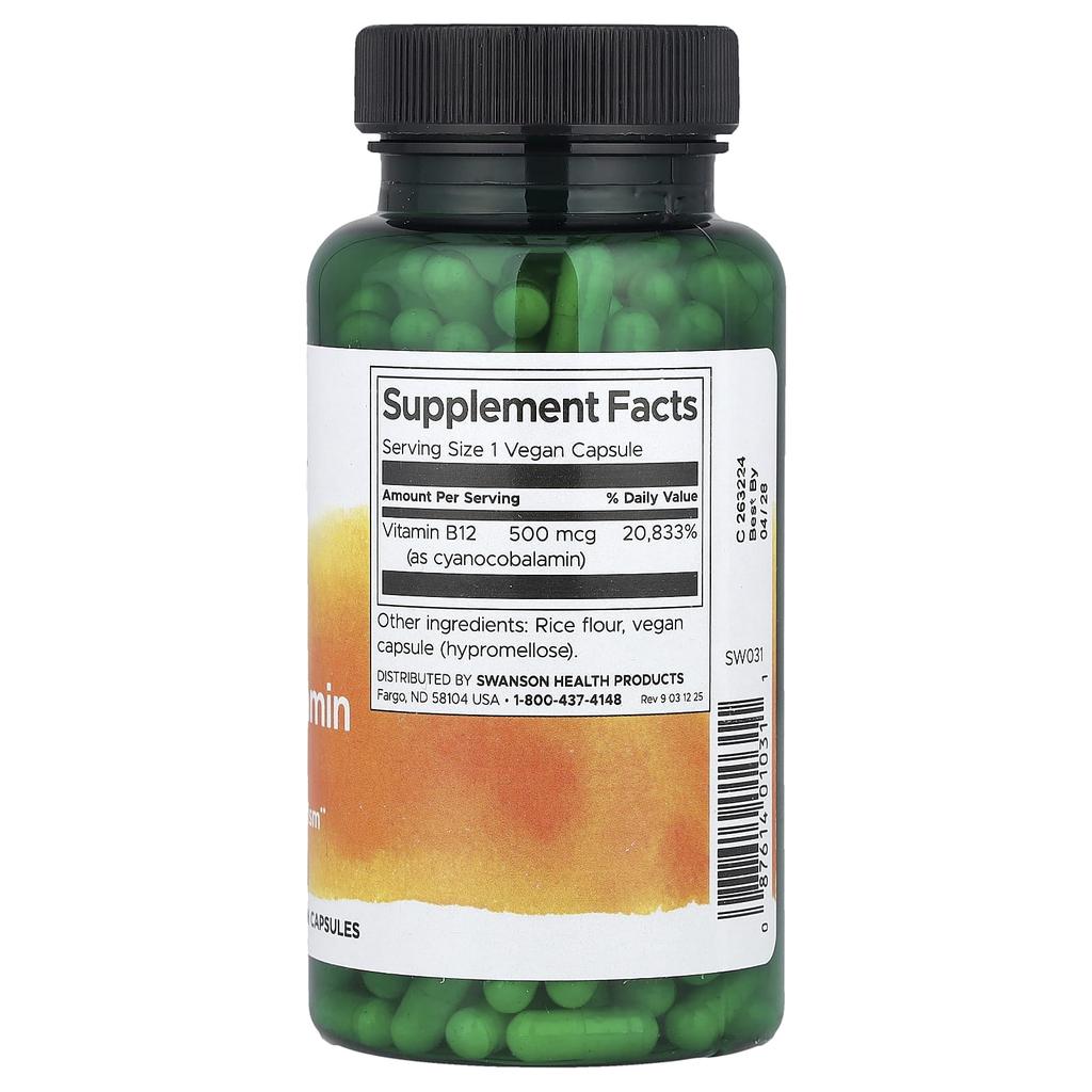 Vitamin B12 (Cyanocobalamin), 500Mcg, 250 Veggie Capsules