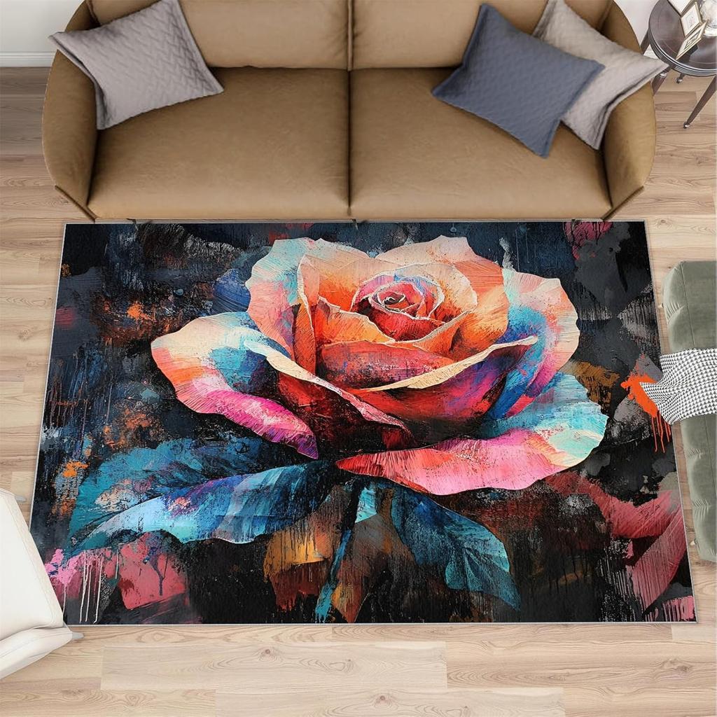 Artistic Abstract Rose Area Rug Modern Art Colorful Rose Non-Slip Large Rug Graffiti Style Flowers Floor Mat for Living Room