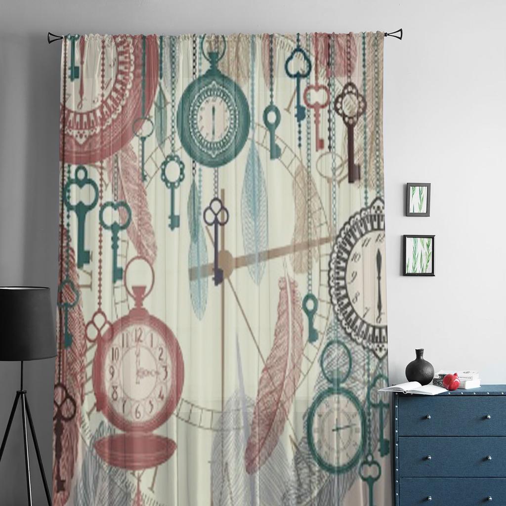 Vintage Pocket Watches Feathers Sheer Curtains for Living Room Transparent Tulle Window Curtain Bedroom Kitchen Veil Drapes
