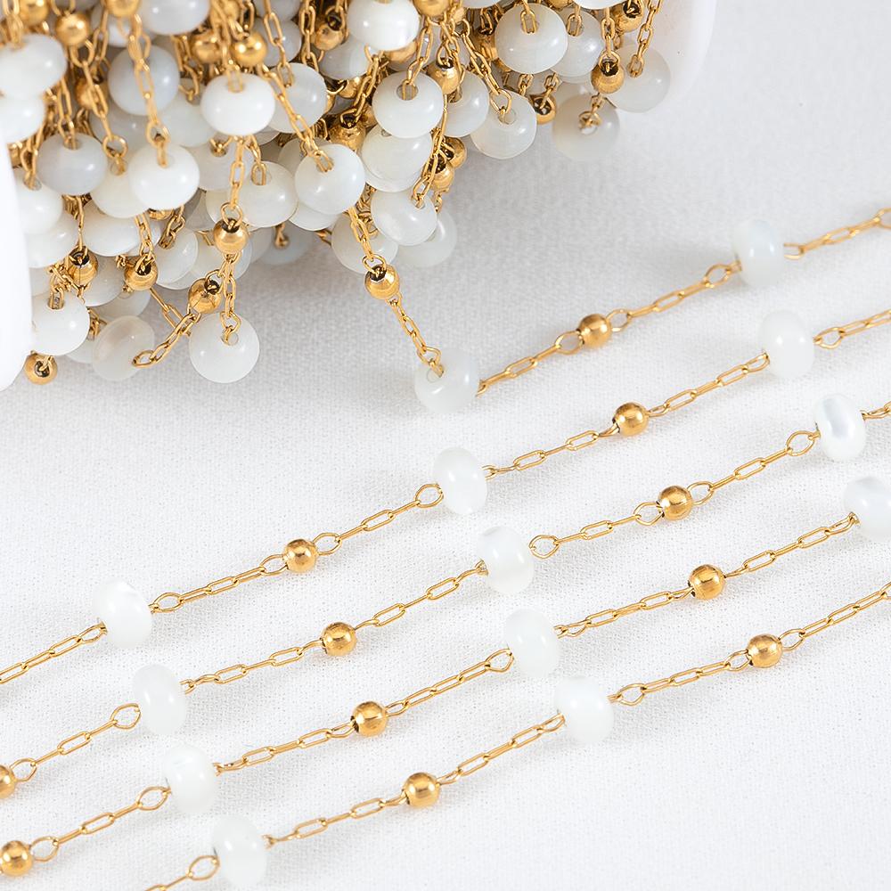 1M Stainless Steel Beaded Chain Elegant White Glass Flat Beads Gold Color Chains for DIY Women Necklace Bracelets Jewelry Making