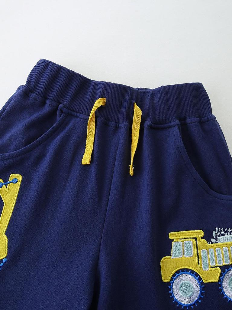 Cartoon Car Print Toddler T-shirt & Shorts Set - European Style, Knit Cotton, Two-Piece