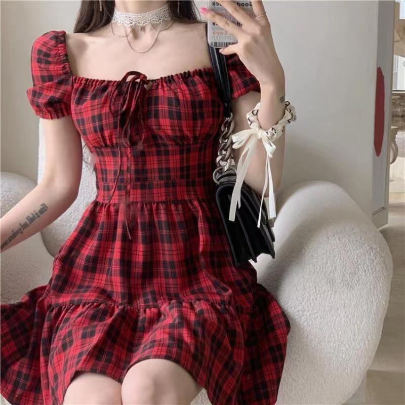 Summer 2025 Women s Red Plaid Puff Sleeve Dress - French Classic Petite Style S