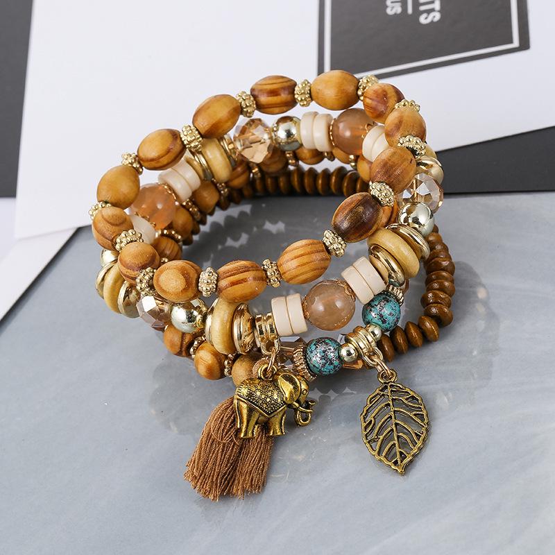 Wooden Tassel Bracelet For Men and Women 4PCS Retro Alloy Elephant Leaf Crystal Bracelet