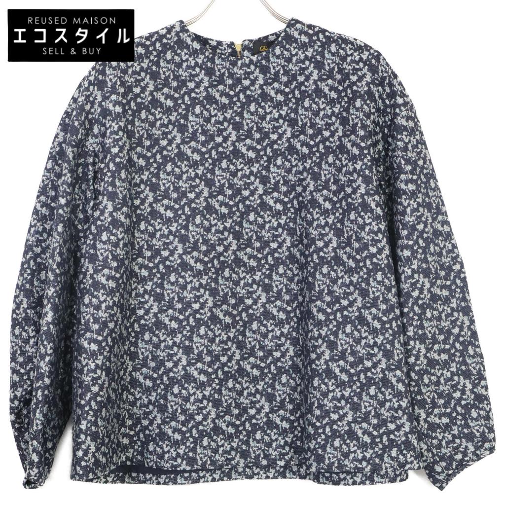 DRAWER 6521-299-1047 Navy Silk Cupra Flower Jacquard Back Zipper Pullover Tops Not Written blackUsed