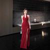 Red Three-dimensional Flower Neck Dress Women's Summer Slim Dress Long Dress Pure Waist Split Hip Skirt