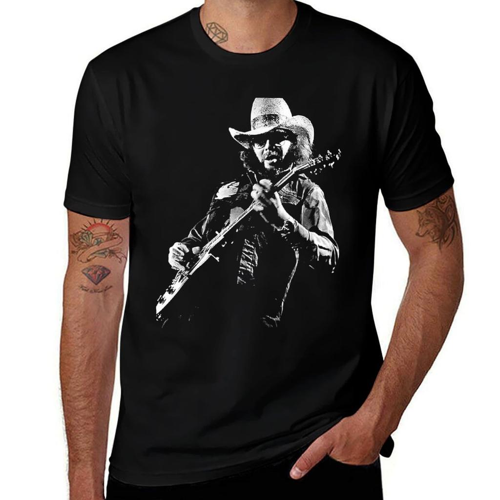Schwarz-Weiß Hank Jr Arts Williams spielt Gitarre Musik T-Shirt Übergröße Basic Baumwoll-T-Shirt