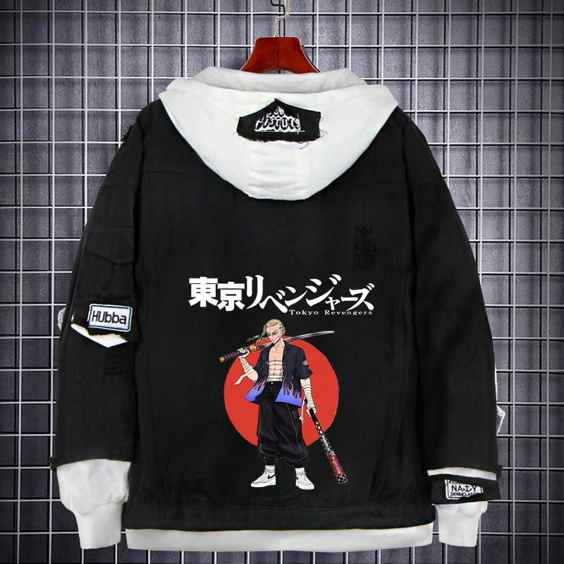 Tokyo Revengers Anime Denim Jacket Fake Two-piece Hoodie Men Youth Streetwear