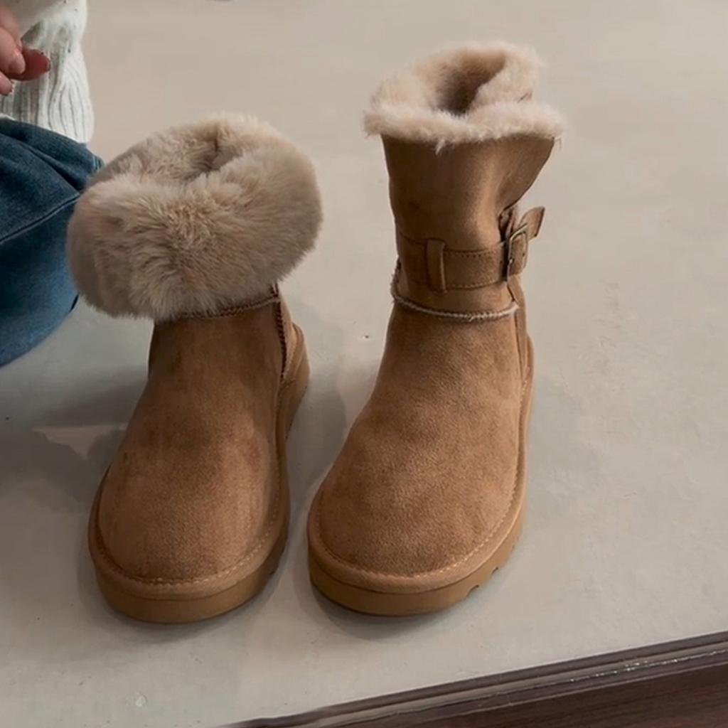 Stilvolle vielseitige Schneestiefel mit dicker Sohle Damen Retro Wildleder Gürtelschnalle Zwei dicke Samt Thermobaumwollstiefel