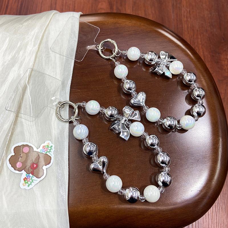 Y2K Silver Bow Beaded Phone Case Lanyard Stylish Bead Phone Chain Wrist Band Anti Lost Phone Strap Earphone Pendant Keychain