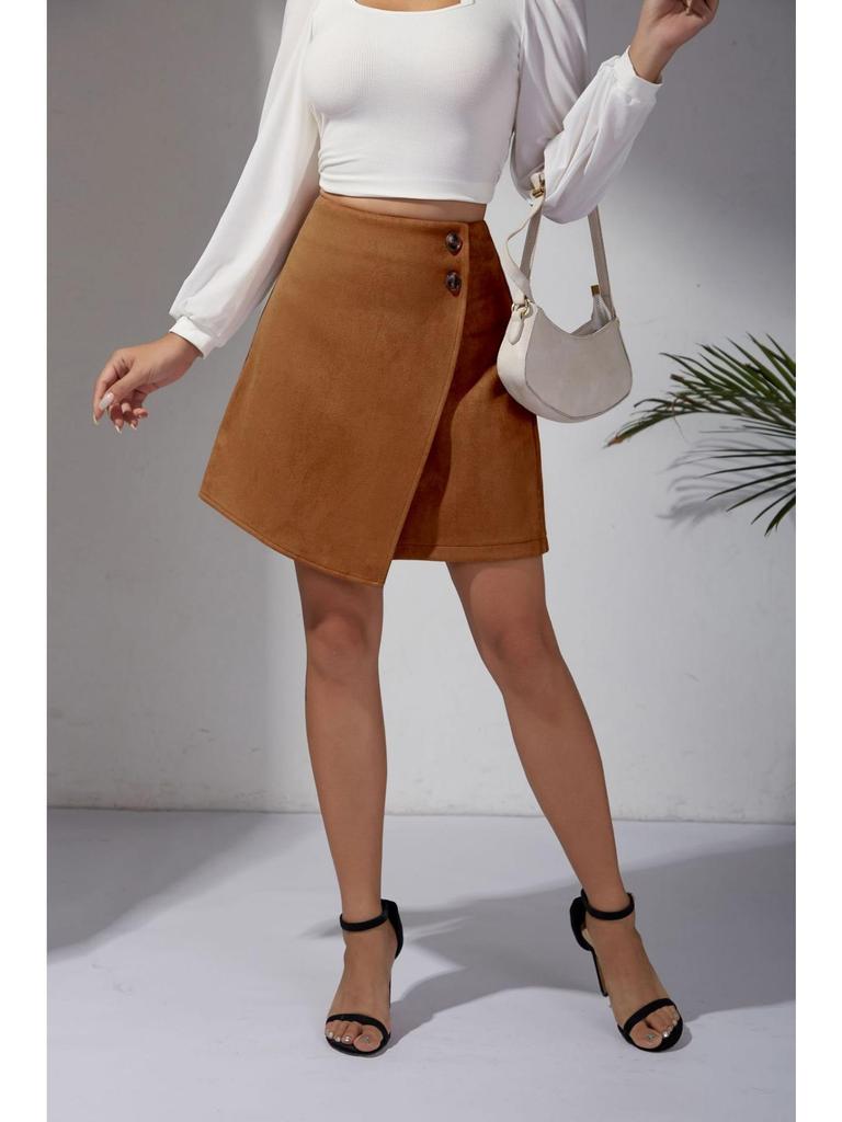 Suede Irregular Skirt Solid Color High-waisted Zipper Button Skirt Women