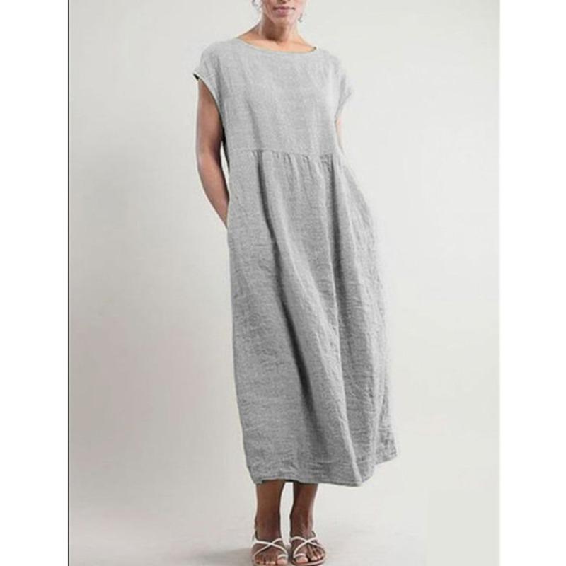 QICED Fashion Summer Spring Solid Color Print Short Sleeve O-Neck Casual Dresses