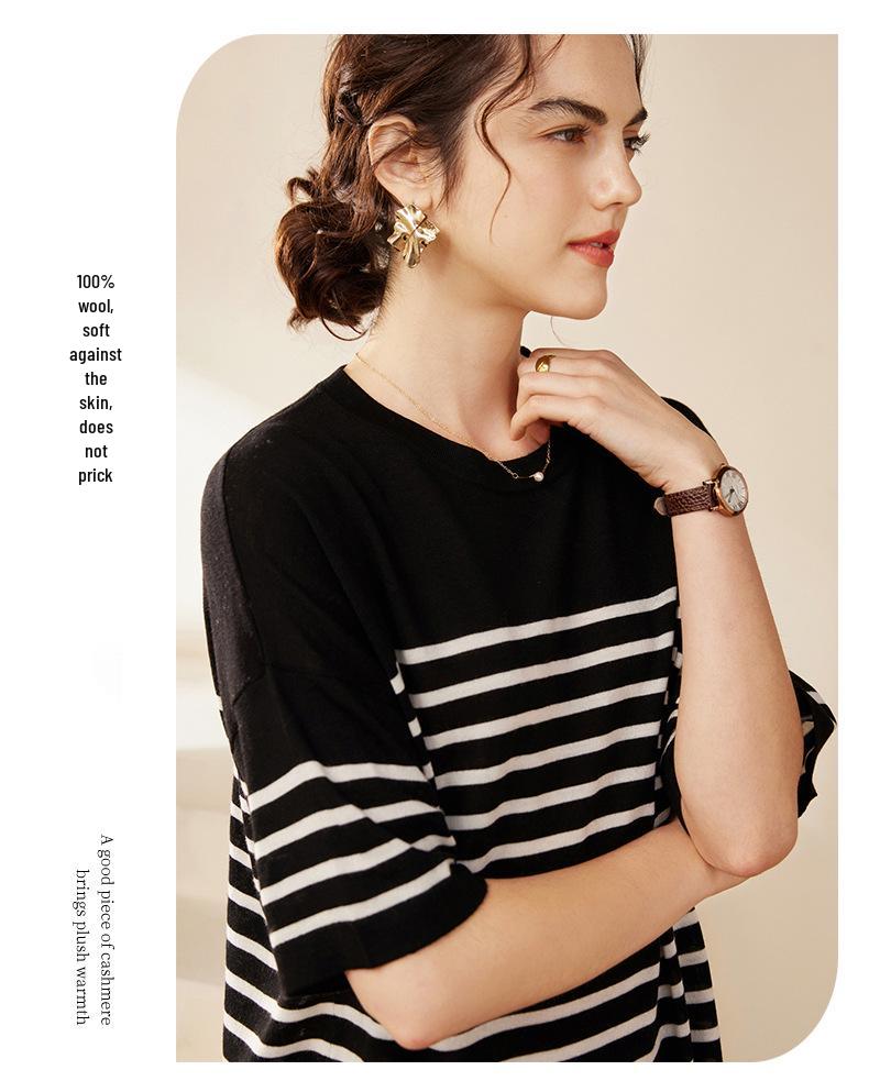 Spring/Summer Black & White Striped Knit Wool Casual Loose Short Sleeve Women's Top