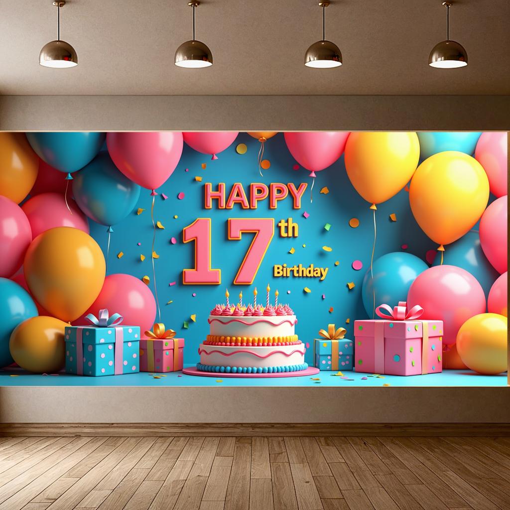 17th Happy Birthday Backdrop Banner Birthday Cake Balloon Gift Photography Background Event Festive Decoration Party Supplies