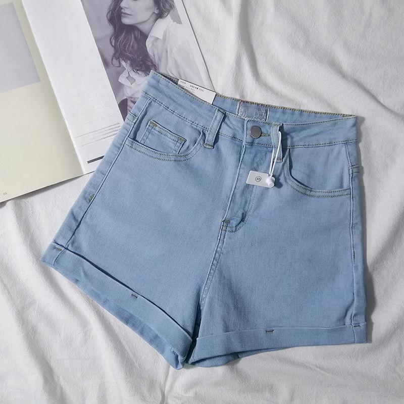 Summer High Waist Stretchy Denim Shorts Pants Women Fashion Light Color Tight Fit Rolled Hem