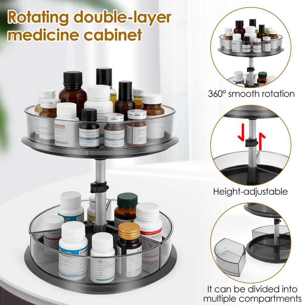 2 Tier 360° Rotating Storage Rack Adjustable Height Pill Bottle Organizer Transparent Seasoning Bottle Storage Rack for Kitchen