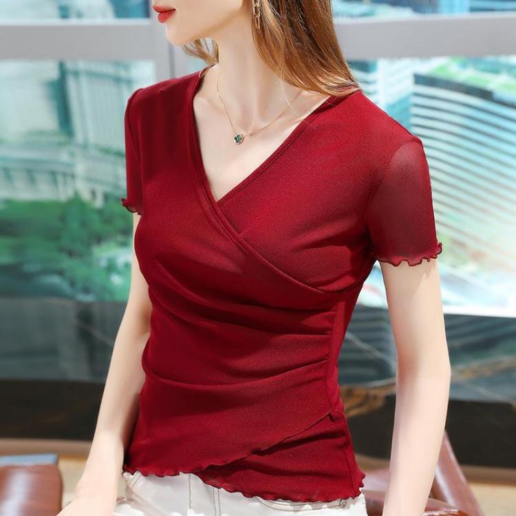 Summer New Women Mesh Top Solid Black Cross V Neck Short Sleeve Ear Waist Base Shirt