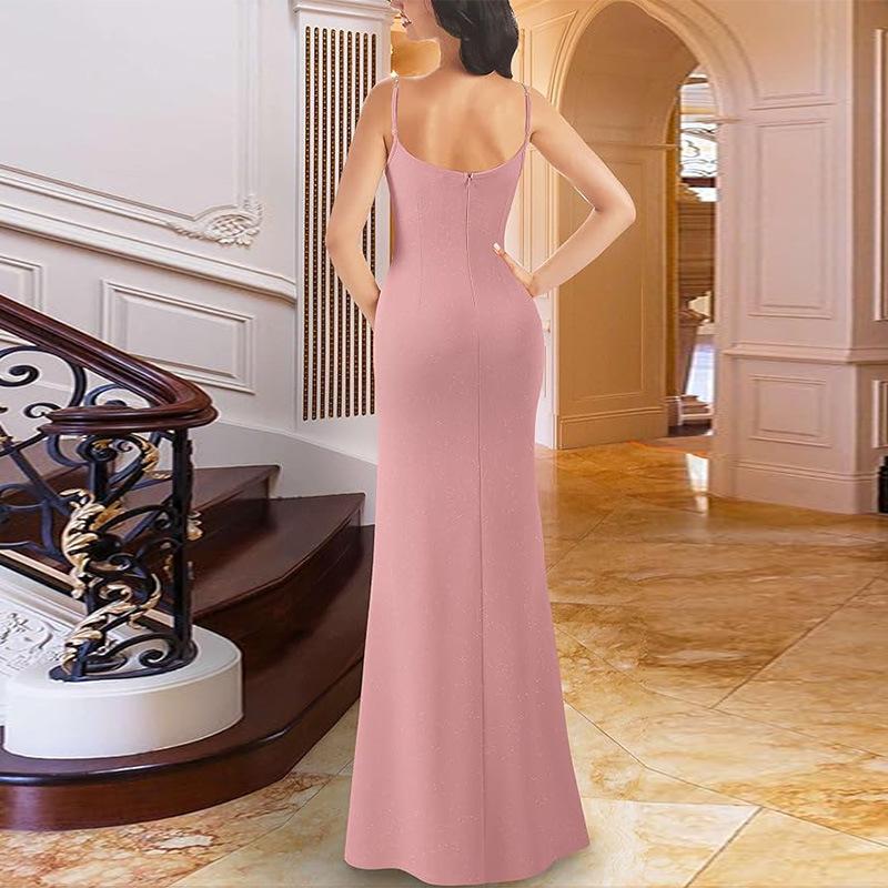 Cross-border hot sale Amazon ebay suspender dress chest wrap waist thin high split temperament evening dress long dress