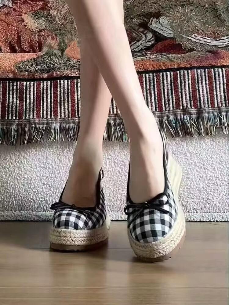 

Босоножки Baotou женские гигантские красивые красные клетчатые с бантом туфли рыбака с задним ремешком на танкетке одинарные туфли 40 чёрный