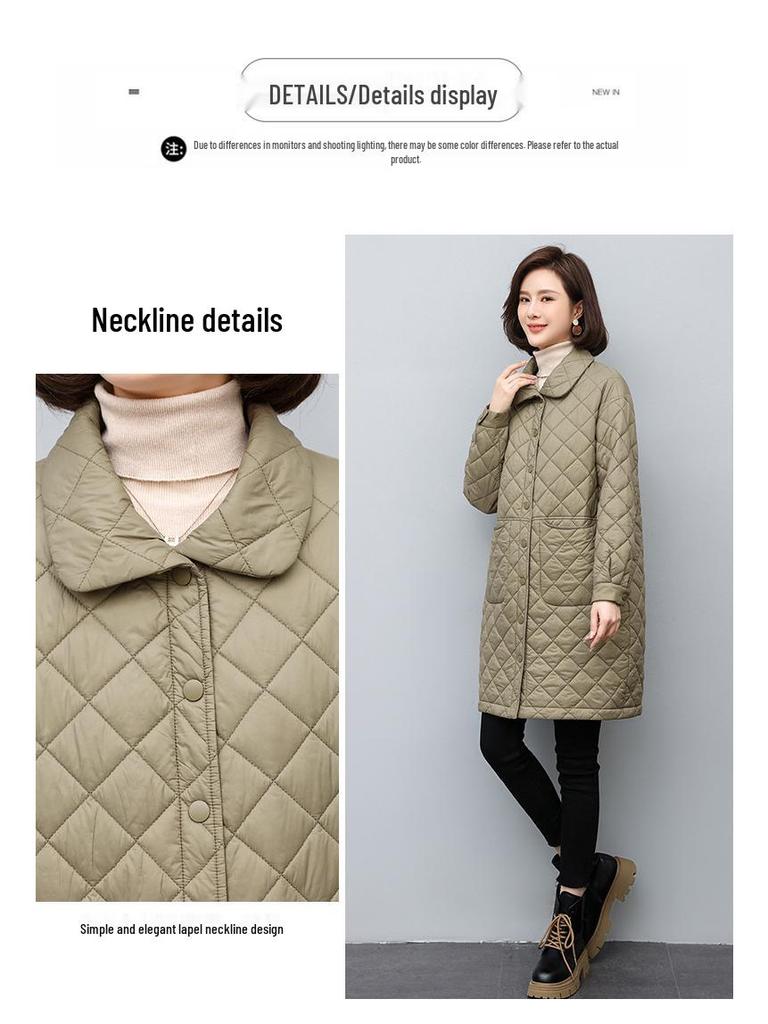 Women's Mid-Length Diamond Quilted Cotton Jacket for Early Autumn/Winter 2024 - Lightweight Outerwear for All Ages