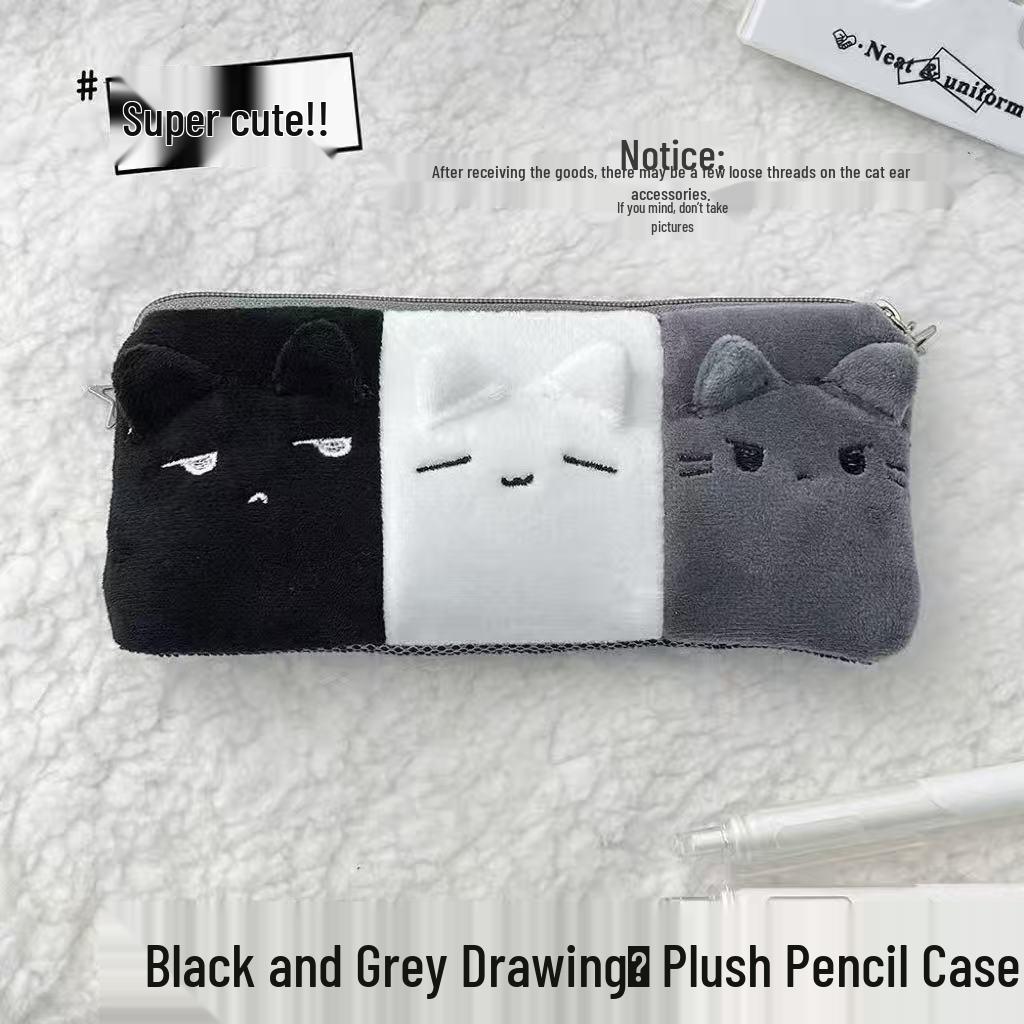 Three-Color Cat Plush Pencil Case – Black, White, Gray | Large Capacity Student Stationery Holder